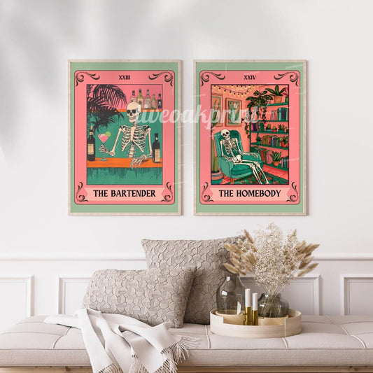 The Homebody Tarot and The Bartender Tarot - Tarot Art Prints - Skeleton Wall Art - Boho Living Room Wall Decor - Dark Academia Wall Art