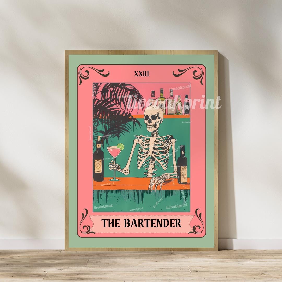 The Homebody Tarot and The Bartender Tarot - Tarot Art Prints - Skeleton Wall Art - Boho Living Room Wall Decor - Dark Academia Wall Art