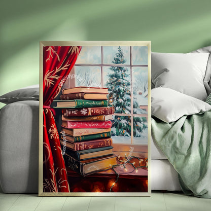 Christmas Stack of Books and Christmas Tree - Cozy Christmas Print - Christmas Reading - Vintage Christmas Decor - Unique Christmas Painting