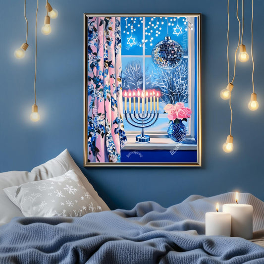 Cute and Cozy Hanukkah Window Print - Menorah & Disco Ball | Star of David Lights | Boho Hanukkah Wall Art | Festive Home Decor