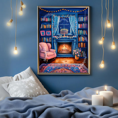 Cozy Hanukkah Living Room Print - Menorah & Reading Nook | Adorable Hanukkah | Boho Hanukkah Wall Art | Jewish Holiday Decor