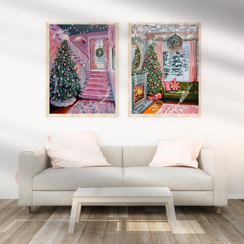 Pink Christmas Entryway Print - Christmas Art - Winter Scene - Cozy Christmas Decor - Hygge Wall Art - Hygge Decor Vintage Christmas