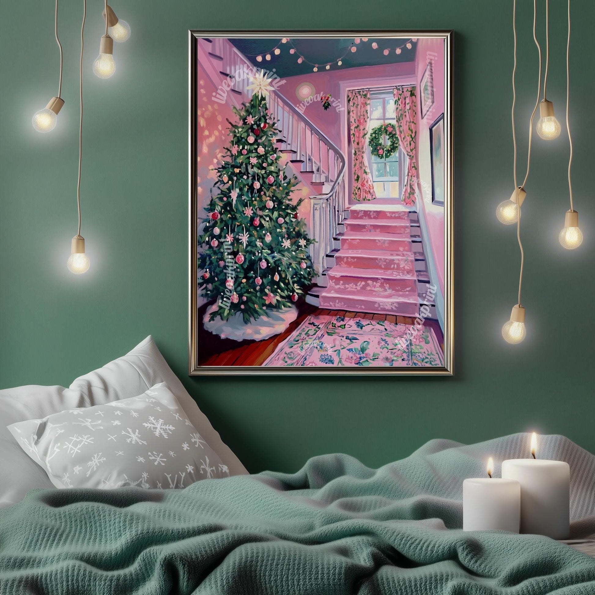 Pink Christmas Entryway Print - Christmas Art - Winter Scene - Cozy Christmas Decor - Hygge Wall Art - Hygge Decor Vintage Christmas