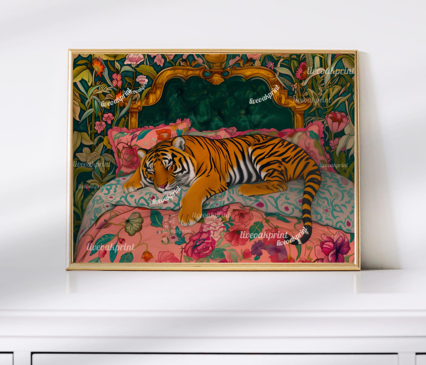 Sleepy Tiger in a Vintage Bed