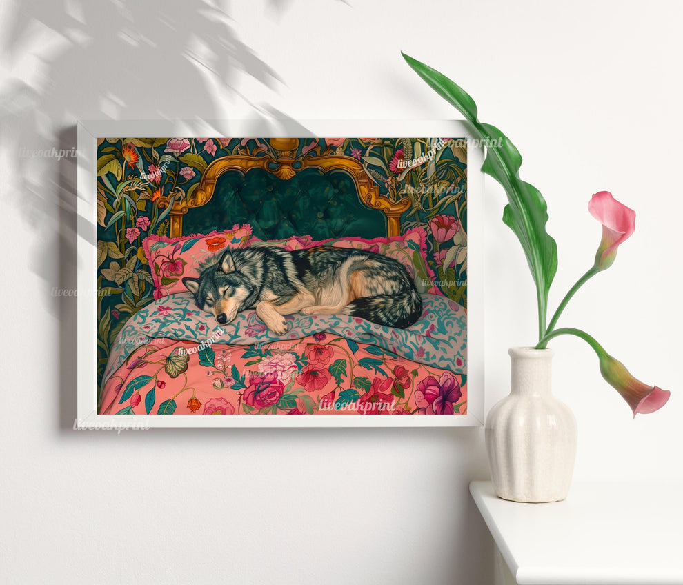 Sleepy Wolf in a Vintage Bed Print | Wolf Bedroom Art | Maximalist Jungle Wall Decor | Vibrant Animal Print for Bedroom or Living Room