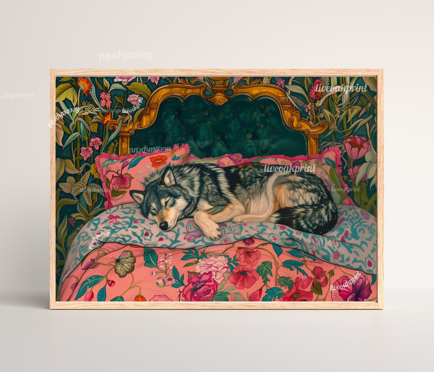 Sleepy Wolf in a Vintage Bed Print | Wolf Bedroom Art | Maximalist Jungle Wall Decor | Vibrant Animal Print for Bedroom or Living Room
