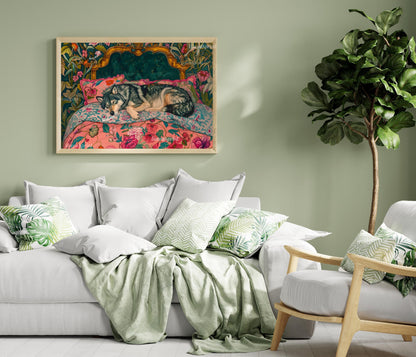 Sleepy Wolf in a Vintage Bed Print | Wolf Bedroom Art | Maximalist Jungle Wall Decor | Vibrant Animal Print for Bedroom or Living Room