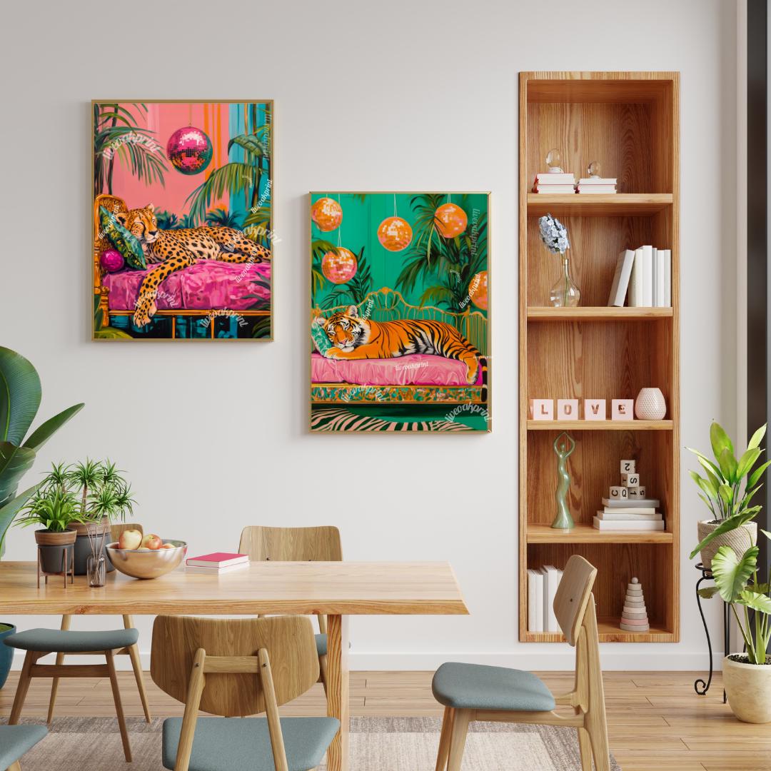 Cheetah and Tiger Sleeping Under Disco Balls Print Set - Maximalist Animal Wall Art - Disco Animal Prints - Whimsical Boho Decor - Eclectic