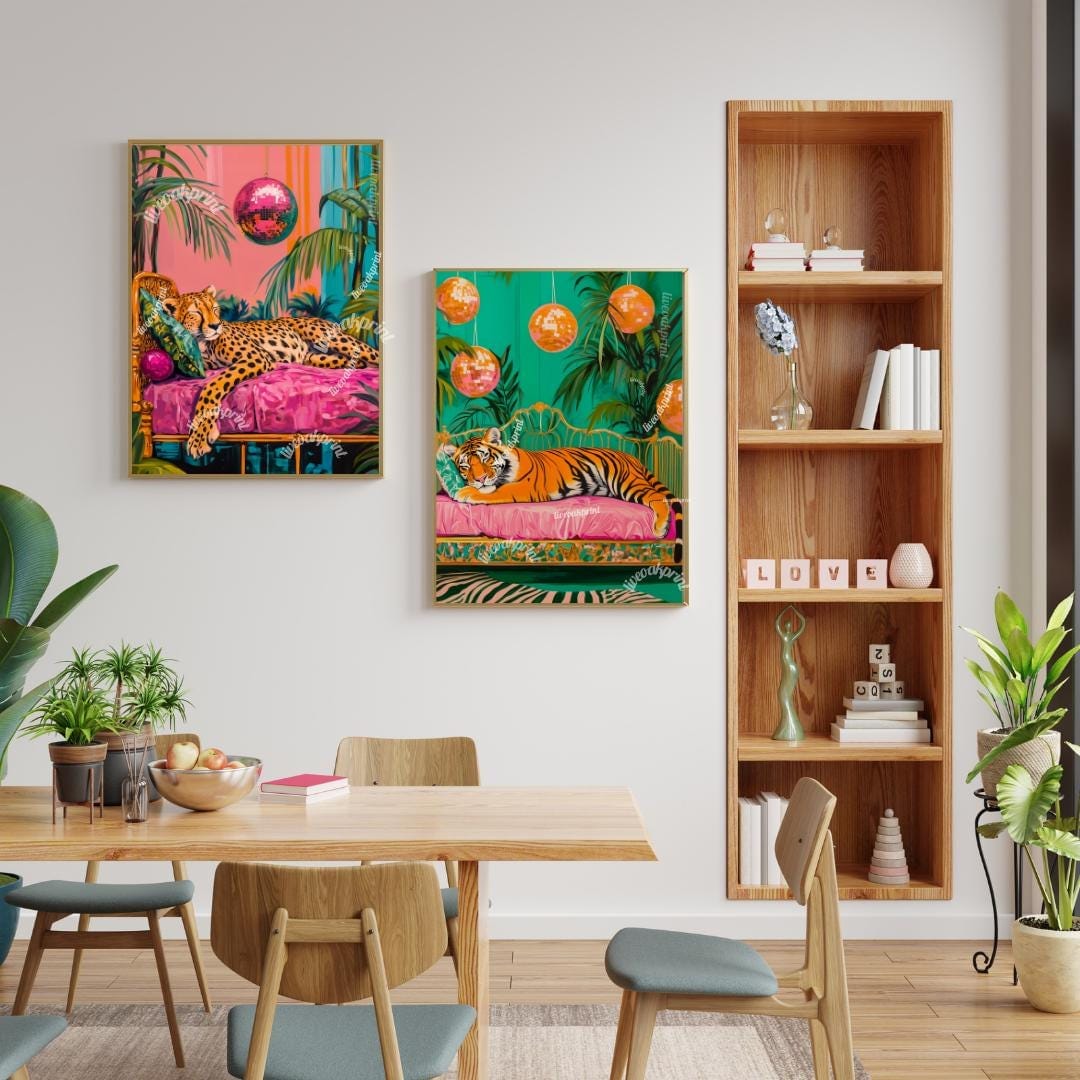 Cheetah and Tiger Sleeping Under Disco Balls Print Set