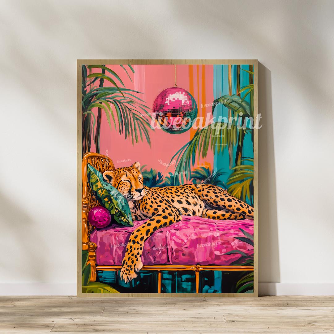 Cheetah and Tiger Sleeping Under Disco Balls Print Set - Maximalist Animal Wall Art - Disco Animal Prints - Whimsical Boho Decor - Eclectic