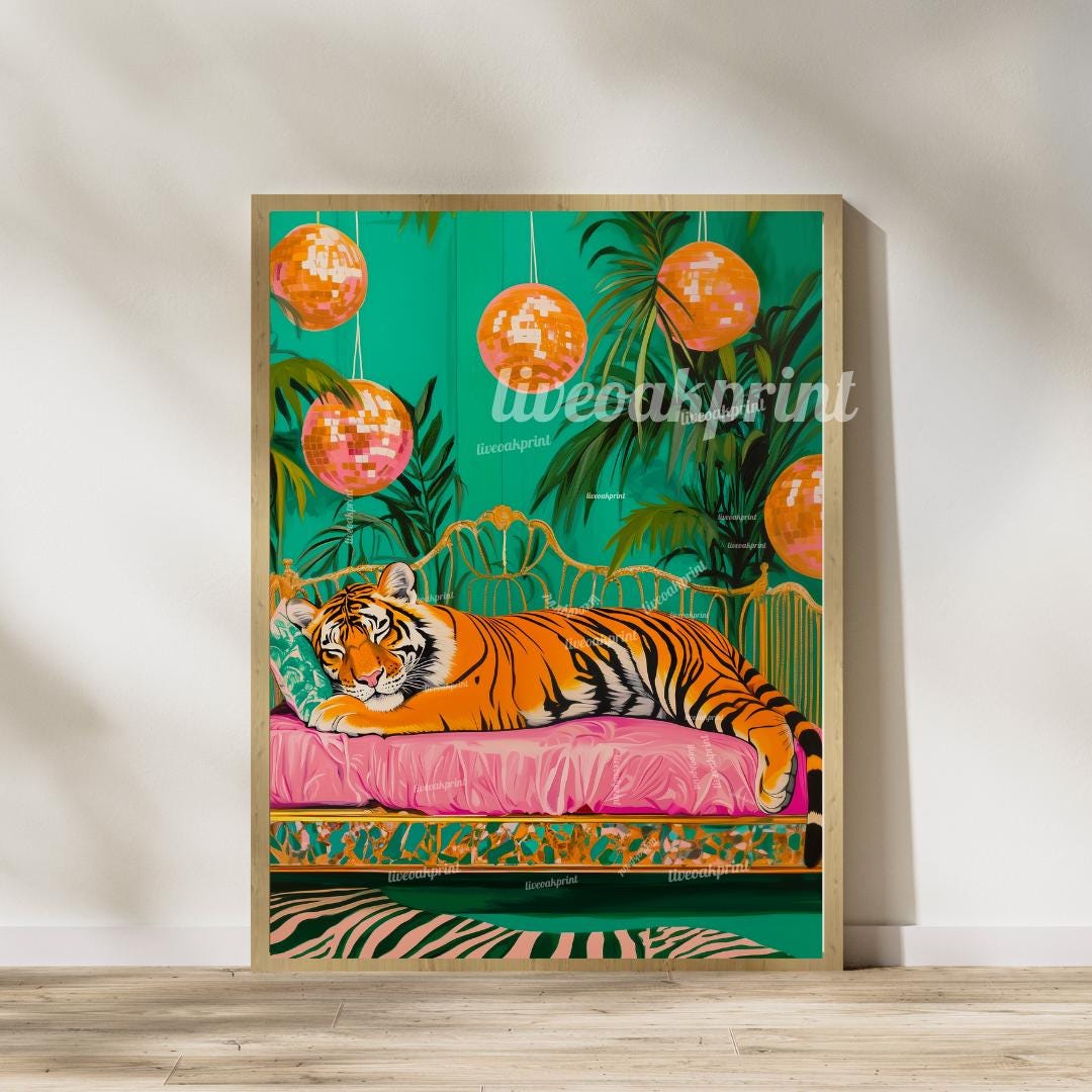 Cheetah and Tiger Sleeping Under Disco Balls Print Set - Maximalist Animal Wall Art - Disco Animal Prints - Whimsical Boho Decor - Eclectic