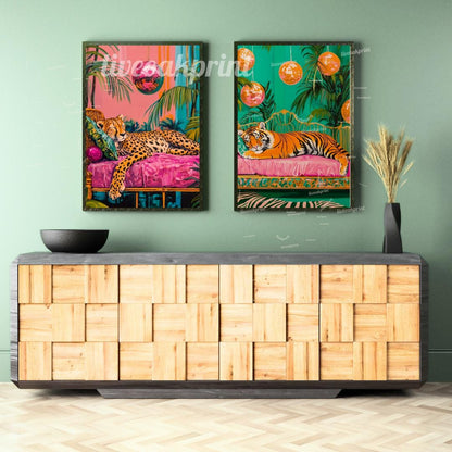 Cheetah and Tiger Sleeping Under Disco Balls Print Set - Maximalist Animal Wall Art - Disco Animal Prints - Whimsical Boho Decor - Eclectic