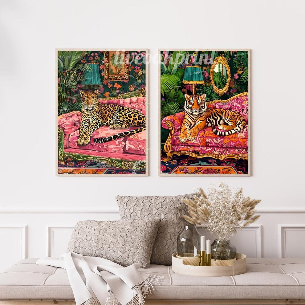Leopard and Tiger in Maximalist Living Rooms Print Set
