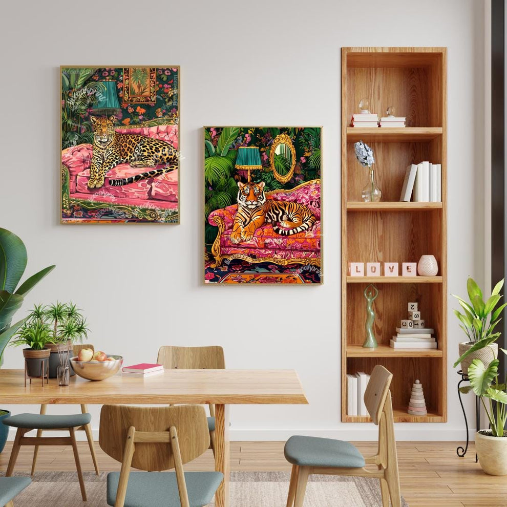 Leopard and Tiger in Maximalist Living Rooms Print Set