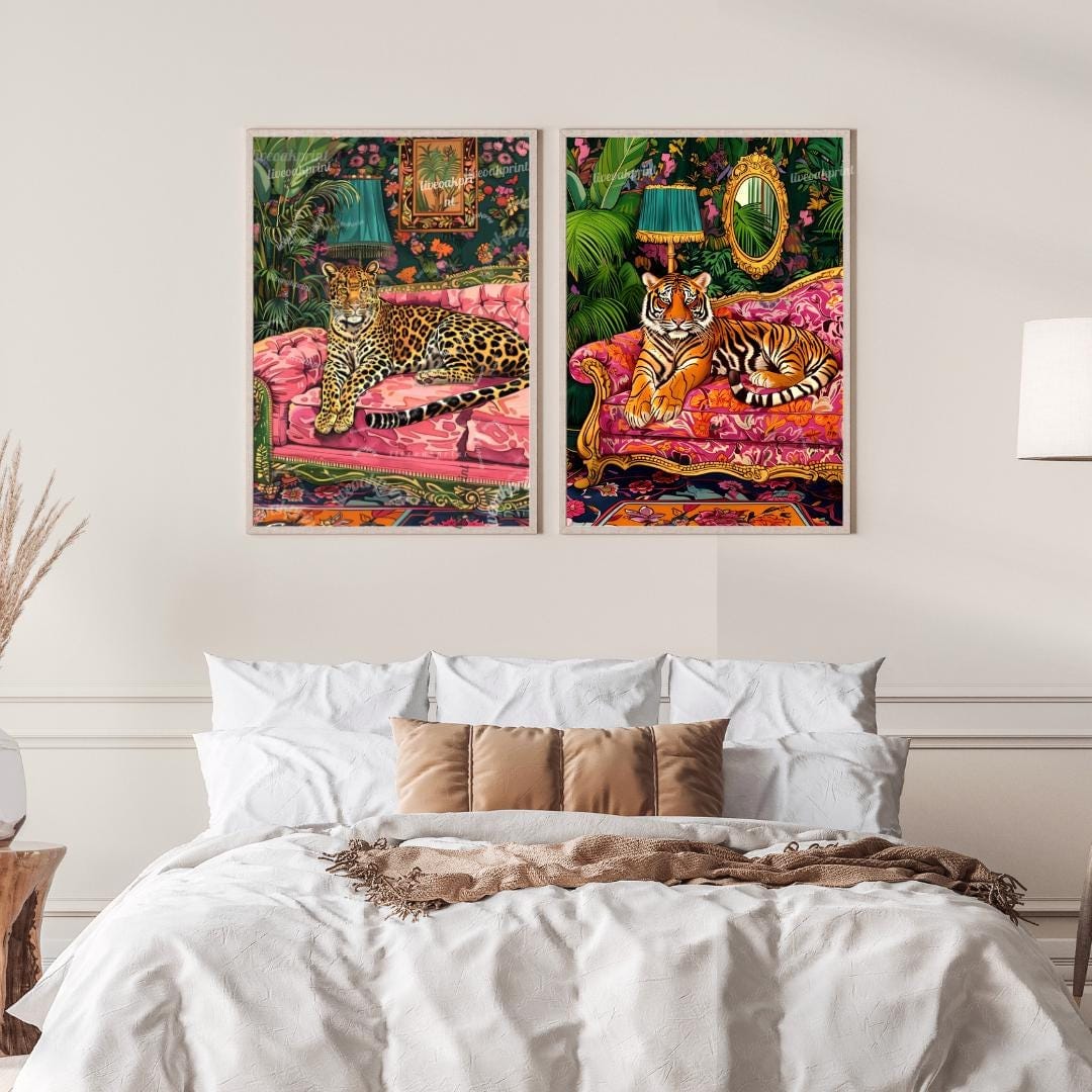 Leopard and Tiger in Maximalist Living Rooms Print Set