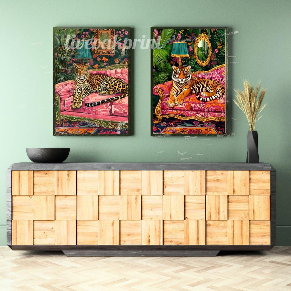 Leopard and Tiger in Maximalist Living Rooms Print Set