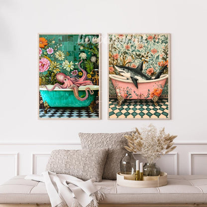 Octopus and Shark in Bathtub Print Bundle - Whimsical Bathroom Art - Funny Animal Prints - Quirky Wall Decor - Nautical Bathroom Art