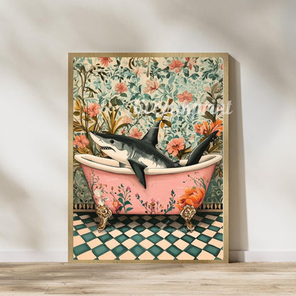 Octopus and Shark in Bathtub Print Bundle - Whimsical Bathroom Art - Funny Animal Prints - Quirky Wall Decor - Nautical Bathroom Art