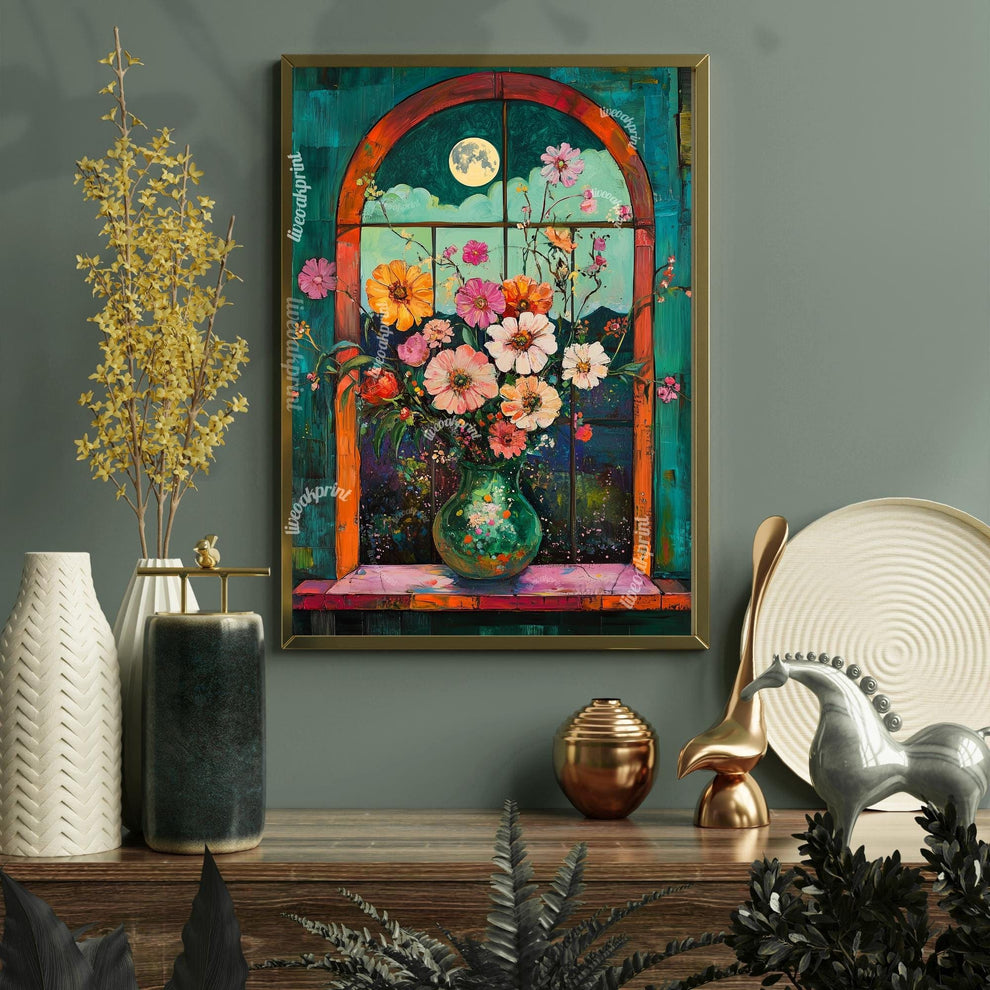 Impressionist Flowers and Mystical Moon