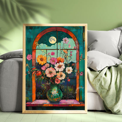 Impressionist Flowers and Mystical Moon