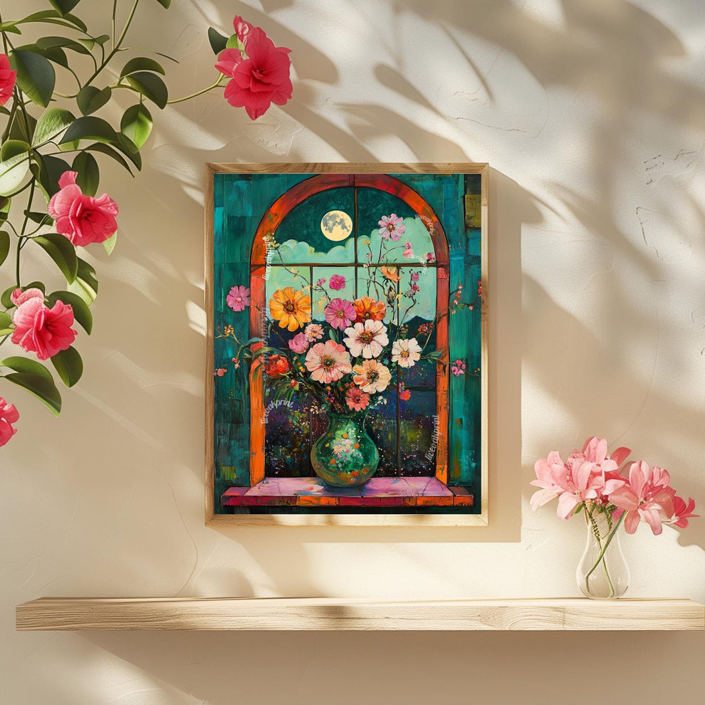 Impressionist Flowers and Mystical Moon