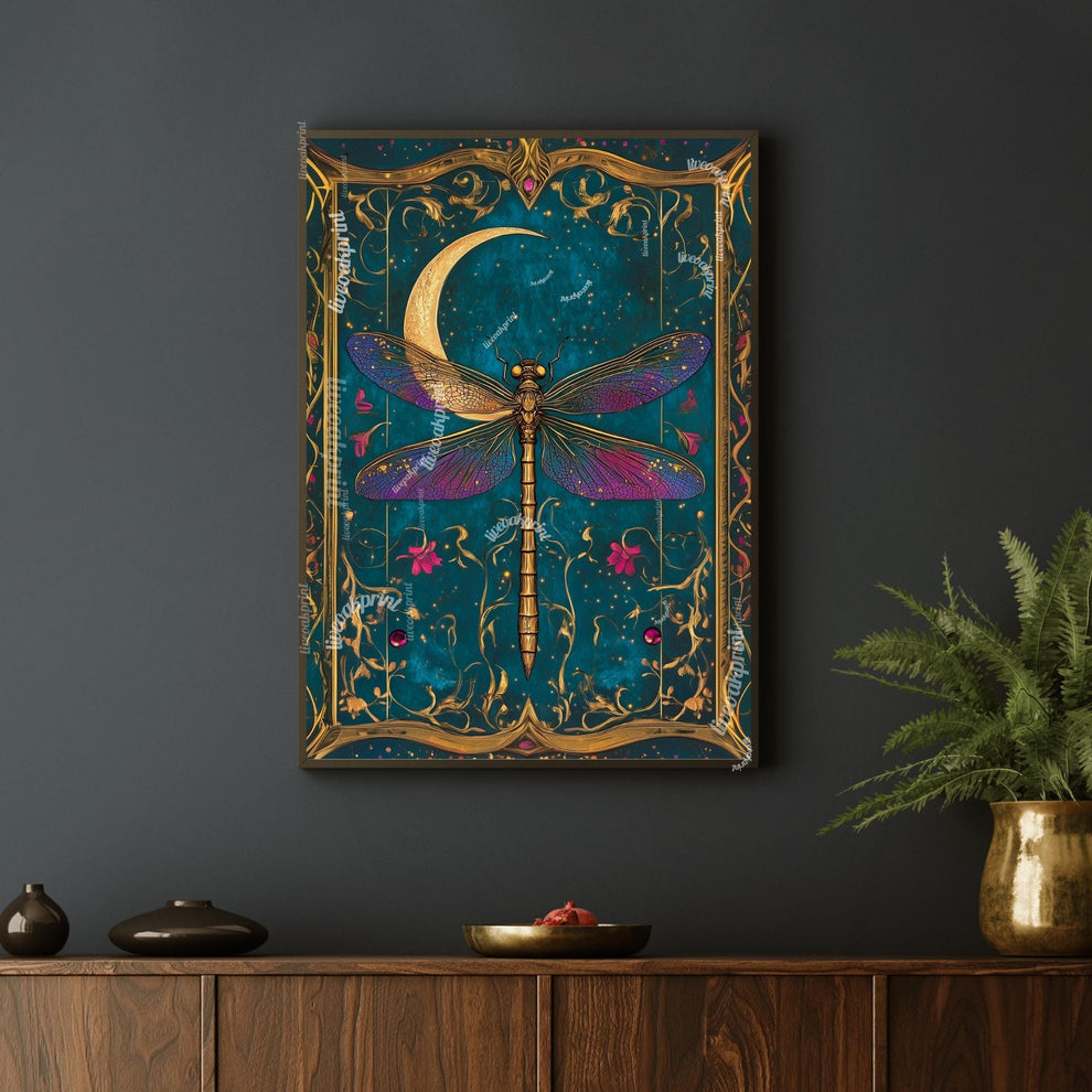 Vintage Dragonfly and Moon Wall Art