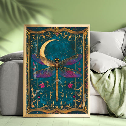 Vintage Dragonfly and Moon Wall Art