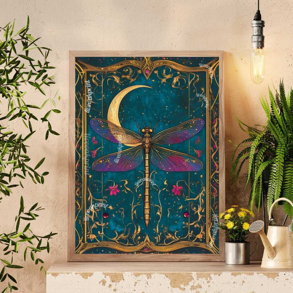 Vintage Dragonfly and Moon Wall Art