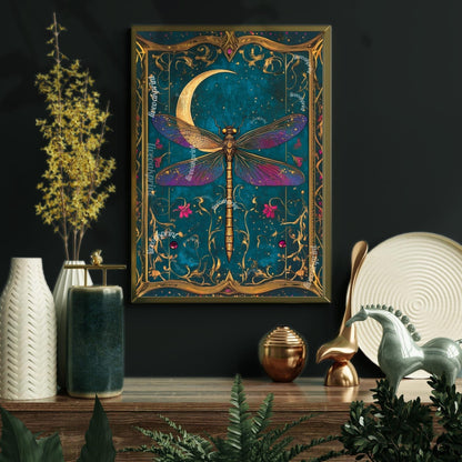 Vintage Dragonfly and Moon Wall Art