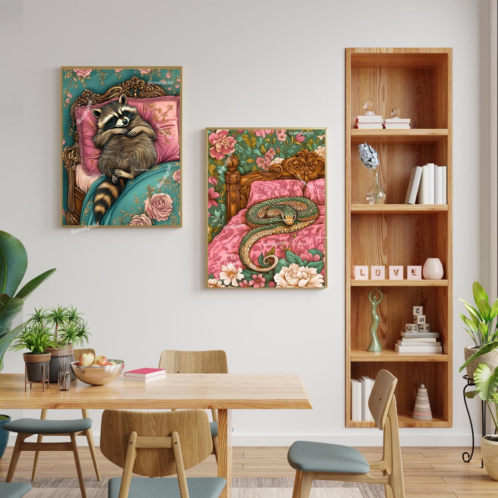 Snuggly Snake in a Vintage Bed - Cozy Snake Print - Snake Wall Art - Maximalist Bedroom Decor - Boho Snake Poster Reptile Decor