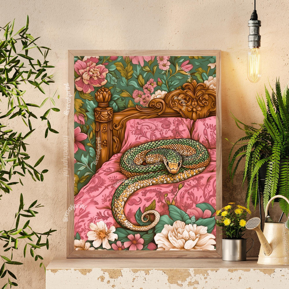 Snuggly Snake in a Vintage Bed - Cozy Snake Print - Snake Wall Art - Maximalist Bedroom Decor - Boho Snake Poster Reptile Decor