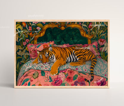 Sleepy Tiger in a Vintage Bed