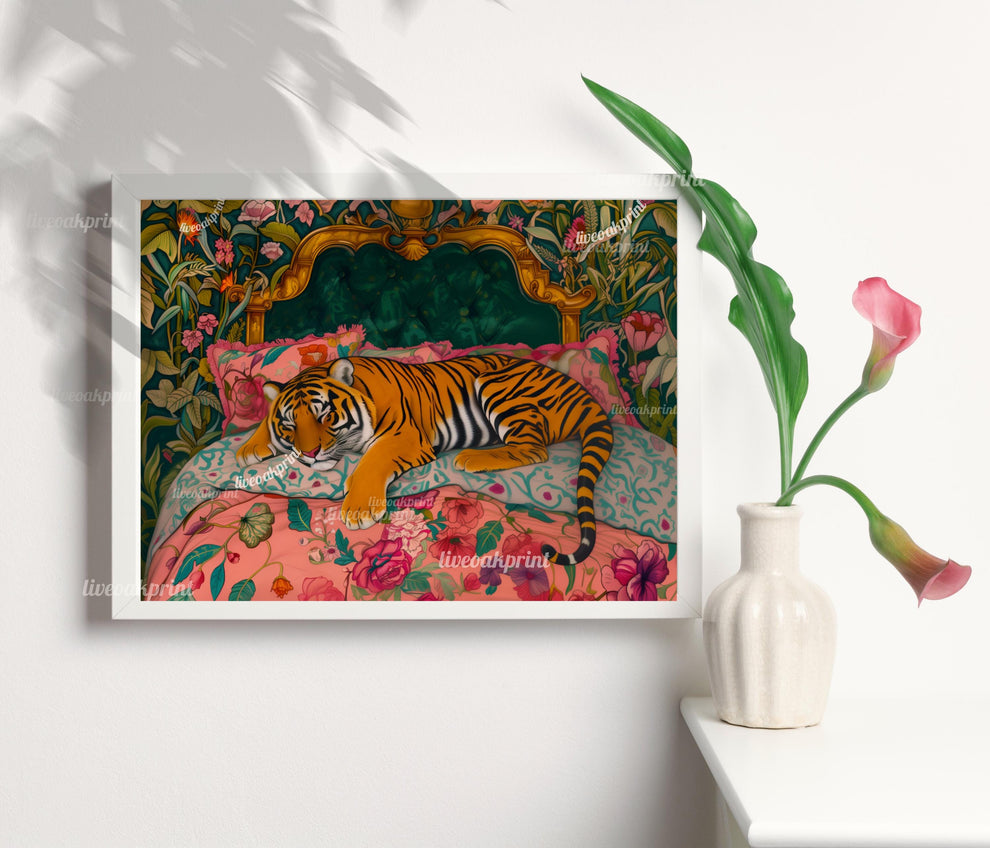 Sleepy Tiger in a Vintage Bed