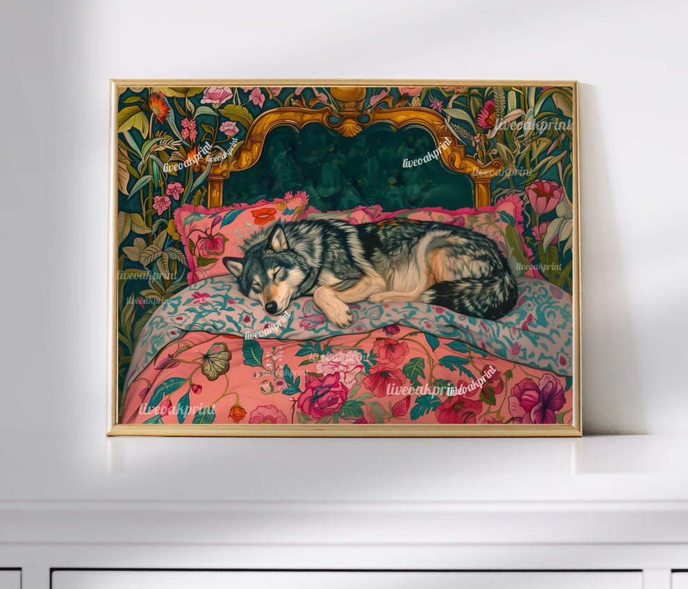 Sleepy Wolf in a Vintage Bed Print | Wolf Bedroom Art | Maximalist Jungle Wall Decor | Vibrant Animal Print for Bedroom or Living Room