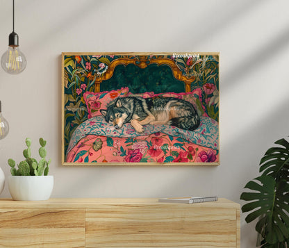 Sleepy Wolf in a Vintage Bed Print | Wolf Bedroom Art | Maximalist Jungle Wall Decor | Vibrant Animal Print for Bedroom or Living Room