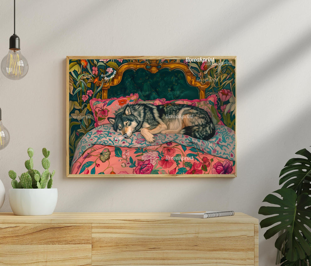 Sleepy Wolf in a Vintage Bed Print | Wolf Bedroom Art | Maximalist Jungle Wall Decor | Vibrant Animal Print for Bedroom or Living Room
