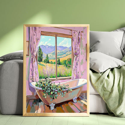 Eucalyptus Bathtub Wall Art - Soft Pink, Purple, and Sage Green Botanical Bathroom Print - Pastel Cottagecore Decor - Pastel Bathroom Decor