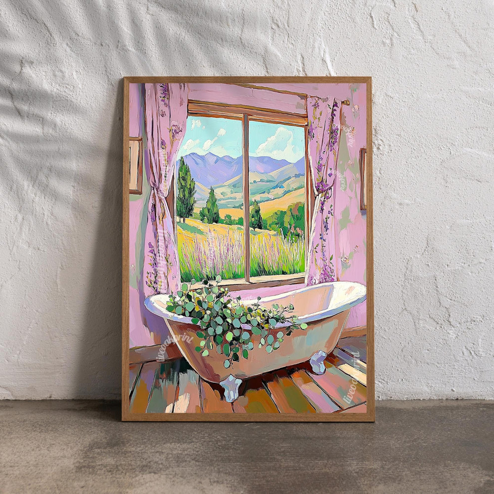 Eucalyptus Bathtub Wall Art - Soft Pink, Purple, and Sage Green Botanical Bathroom Print - Pastel Cottagecore Decor - Pastel Bathroom Decor