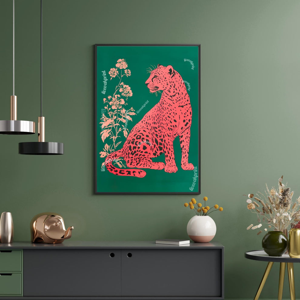 Pink Leopard on Emerald Green Wall Art