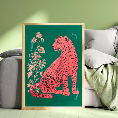 Pink Leopard on Emerald Green Wall Art