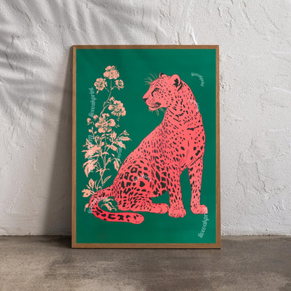 Pink Leopard on Emerald Green Wall Art