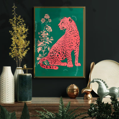 Pink Leopard on Emerald Green Wall Art