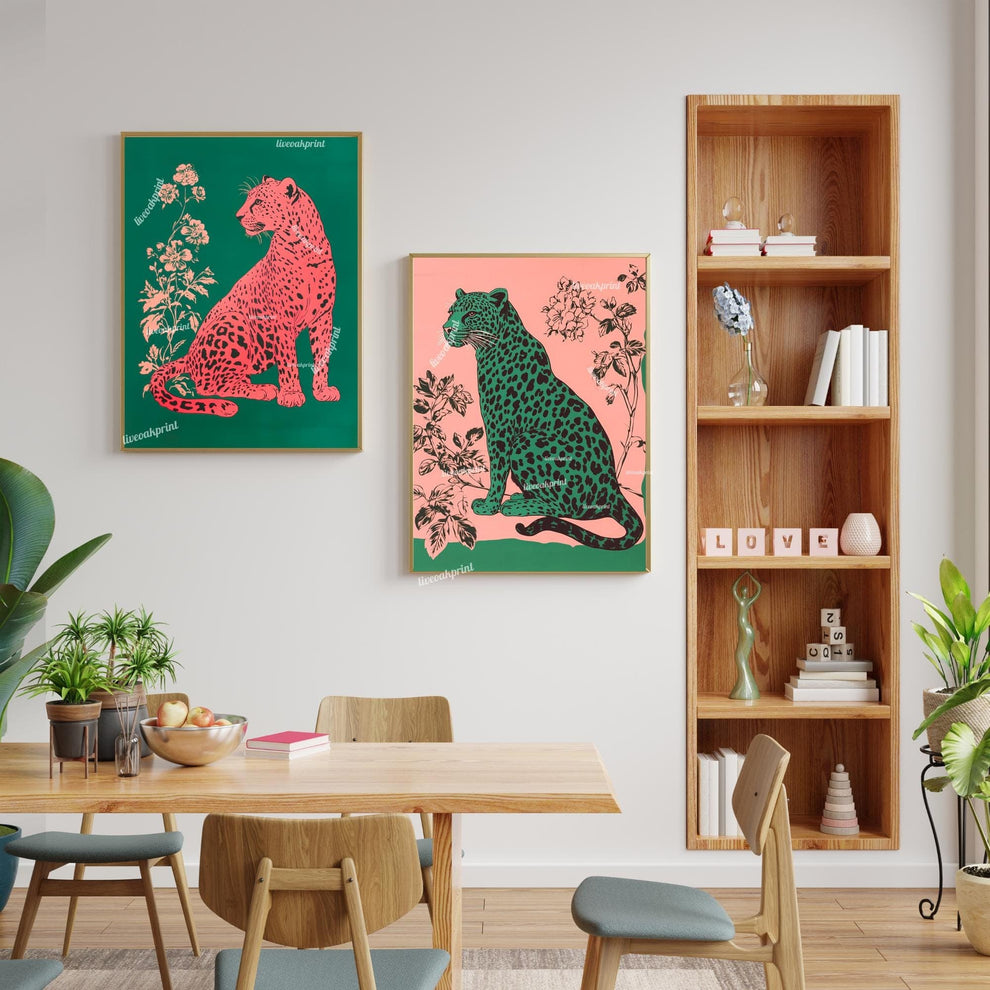 Pink Leopard on Emerald Green Wall Art