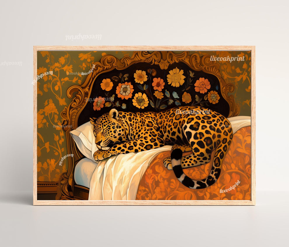 Terracotta Leopard Wall Art - Sleepy Leopard in Vintage Bed Print - Warm Burnt Orange Decor - Whimsical Animal Art - Boho Maximalist Decor