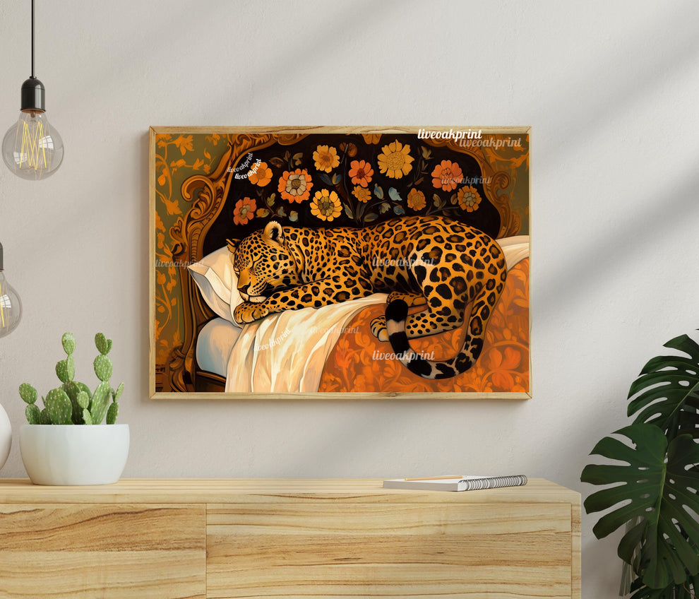 Terracotta Leopard Wall Art - Sleepy Leopard in Vintage Bed Print - Warm Burnt Orange Decor - Whimsical Animal Art - Boho Maximalist Decor