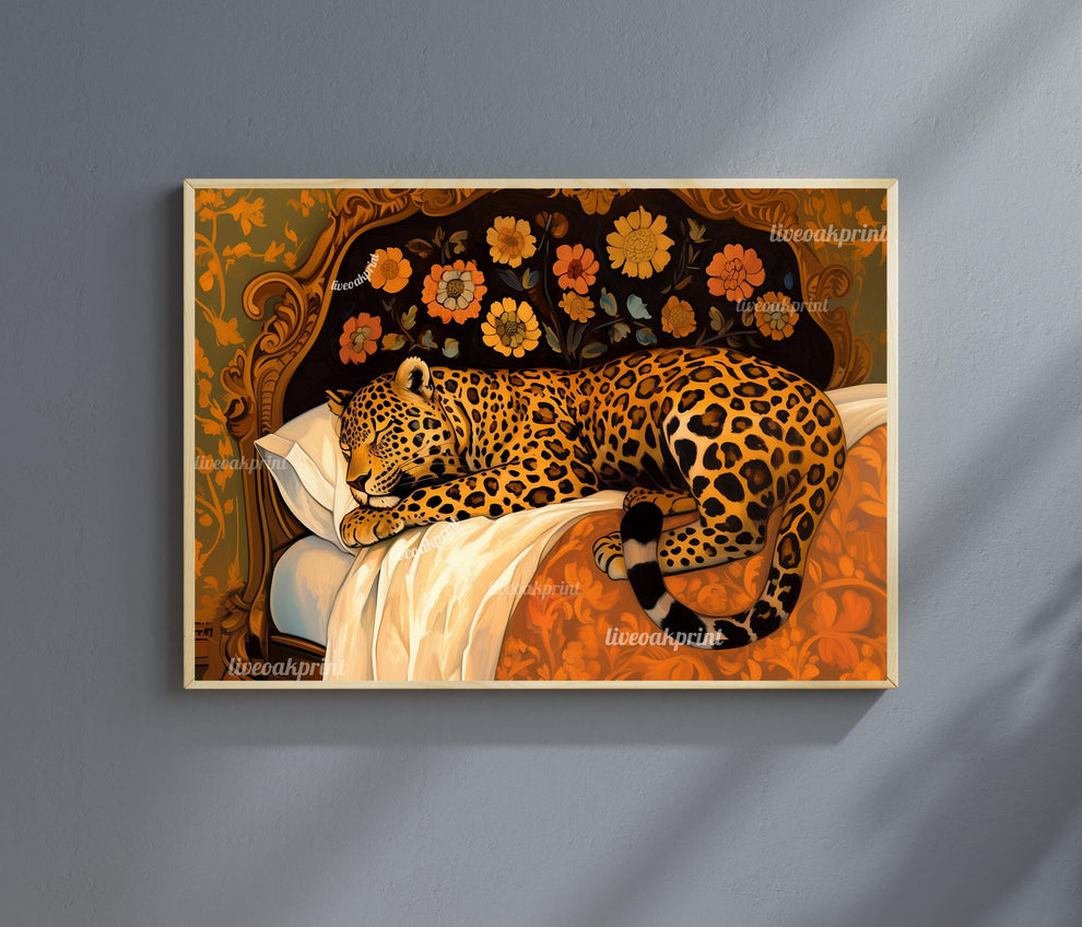 Terracotta Leopard Wall Art - Sleepy Leopard in Vintage Bed Print - Warm Burnt Orange Decor - Whimsical Animal Art - Boho Maximalist Decor