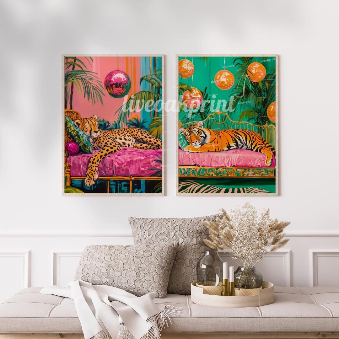 Cheetah and Tiger Sleeping Under Disco Balls Print Set - Maximalist Animal Wall Art - Disco Animal Prints - Whimsical Boho Decor - Eclectic