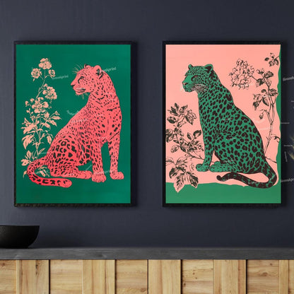 Emerald Leopard and Pink Leopard Art Set of Two Prints