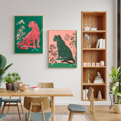 Emerald Leopard and Pink Leopard Art Set of Two Prints