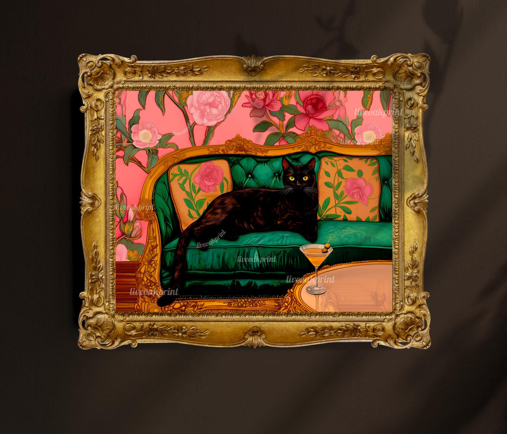 Black Cat with Martini Art Print